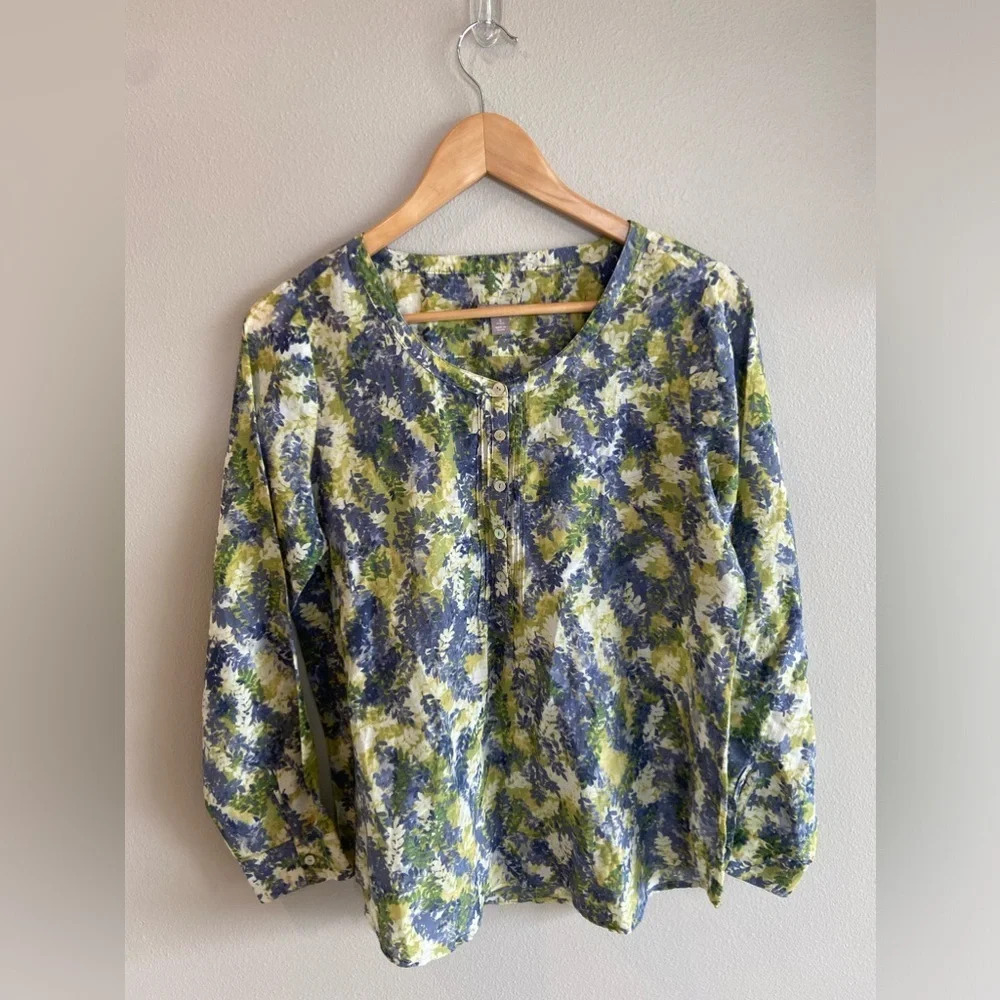 J. JILL Floral Print Cotton‎ and Silk Blouse Size Small Petite Green/Blue